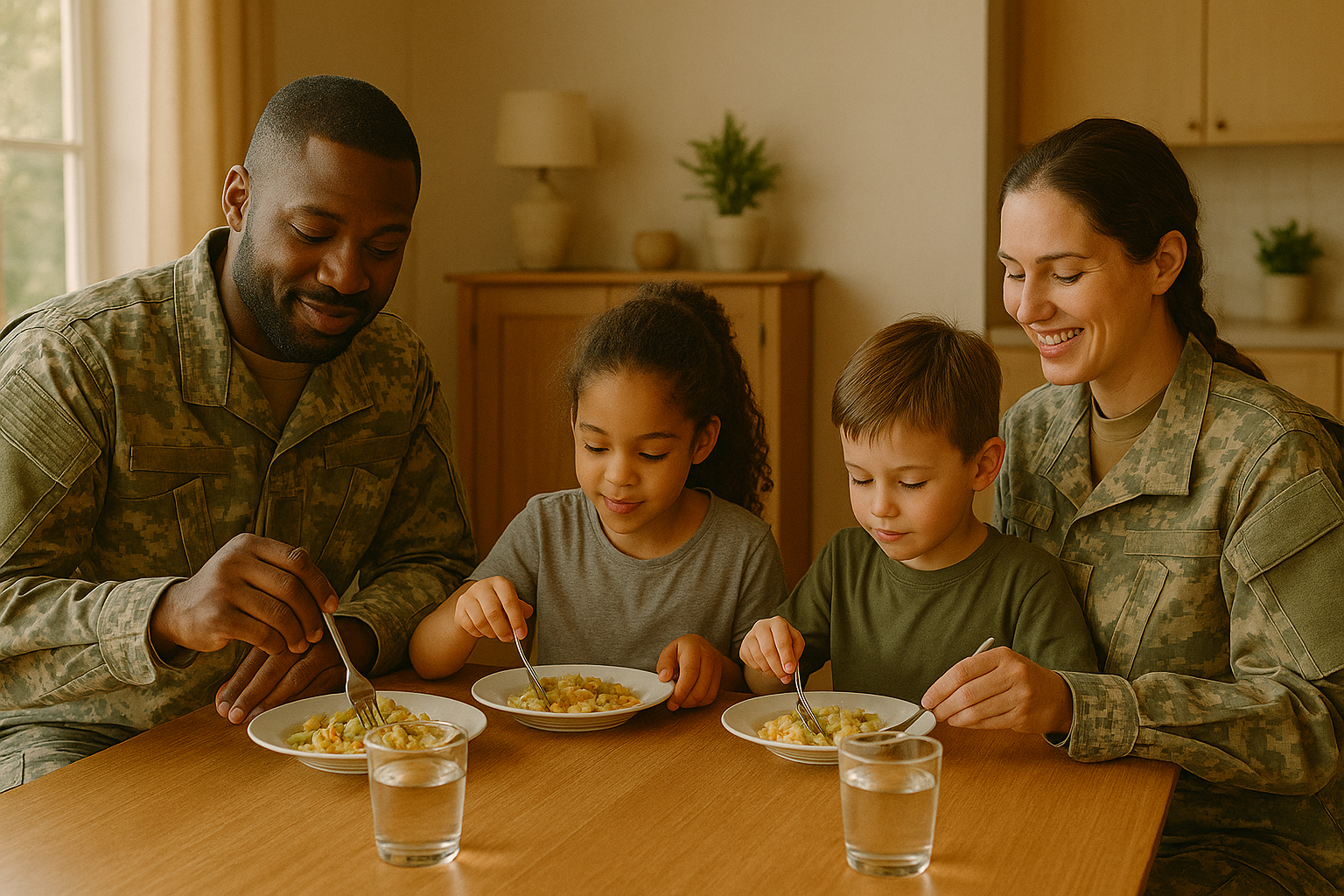 Military family sharing a meal together