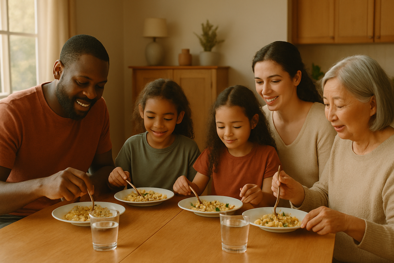 Multicultural families sharing a meal together